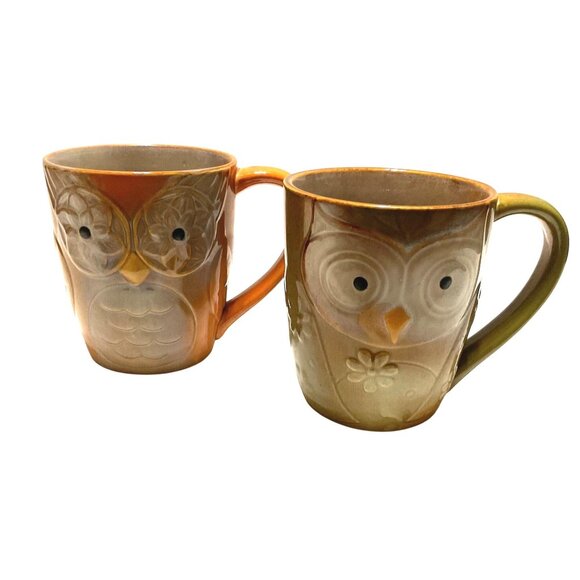 OWL COFFEE TEA CUP MUG LOT OF 2 ORANGE TAN CERAMIC BY ELITE COUTURE 4.5" - Picture 1 of 6